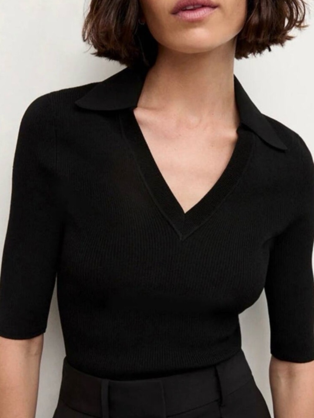 Veronica Beard - Emily Ribbed Knit Polo Top V-Neck Collared Black